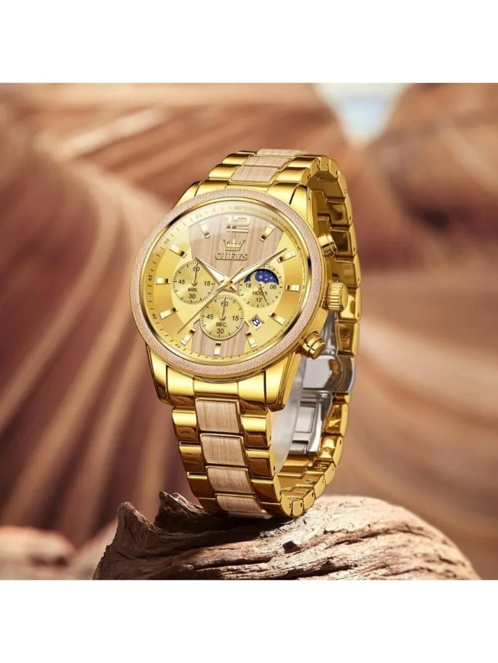 Men's Gold Quartz Stainless Steel Waterproof Luminous Date Luxury Wooden Watch